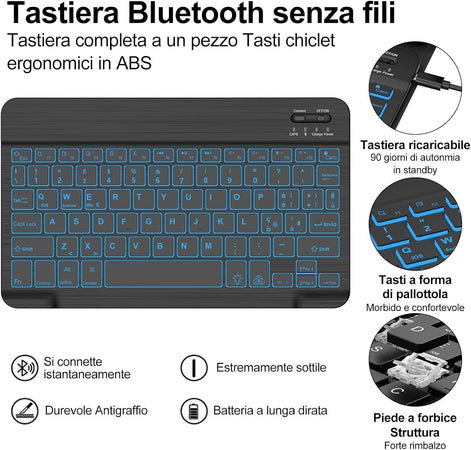 Cover e Tastiera per iPad 9a/8a/7a Generazione, per iPad 10.2" Retroilluminata