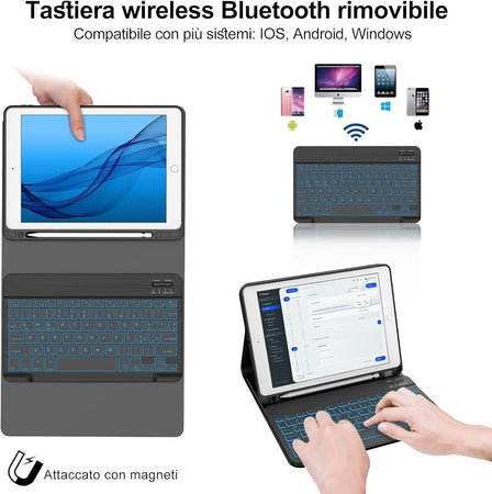 Cover e Tastiera per iPad 9a/8a/7a Generazione, per iPad 10.2" Retroilluminata