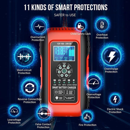 Caricabatteria 10A da Auto, 12V / 24V 10A Multi Protezioni Moto Auto Barca Husgw