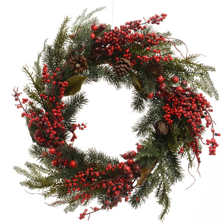 Ghirlanda tonda natalizia con bacche rosse dietro porta 60 cm