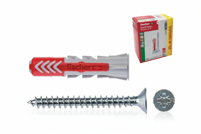 Tassello In Nylon Bi Material Con Vite Duopower Pz.100+Pz.20 Omaggio- - Ø Mm.6X30 - 1 Confezione Fischer