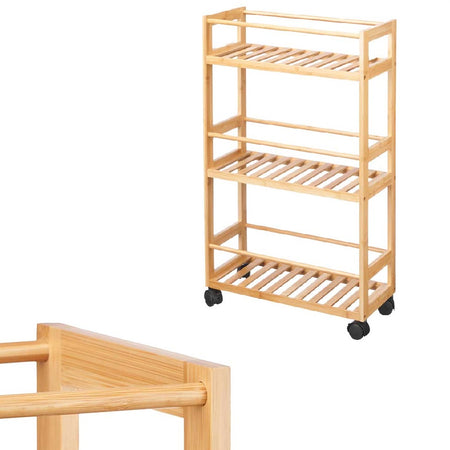 Carrello Bagno Legno Bambù 20x44.5 H75cm Slim 4Ruote Legno Naturale Salvaspazio