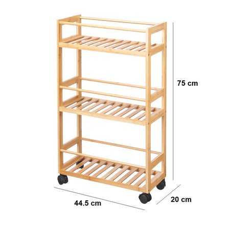 Carrello Bagno Legno Bambù 20x44.5 H75cm Slim 4Ruote Legno Naturale Salvaspazio