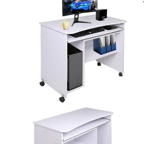 Scrivania Cameretta Tavolo Studio Porta Tastiera e Computer Legno 4 ruote Bianco