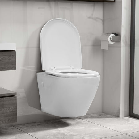 WC Sospeso con Design Senza Bordi in Ceramica Bianca Chiusura Ammortizzata