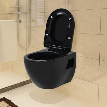 WC a Muro con Sciacquone Nascosto in Ceramica Nera 36 x 50 x 41,5 cm
