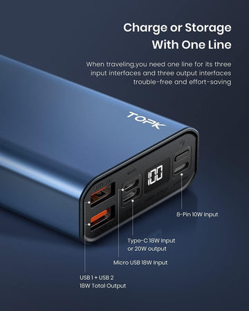 Power bank portatile TOPK 20000mAh Ricarica rapida USB C 3 uscite 3 ingressi