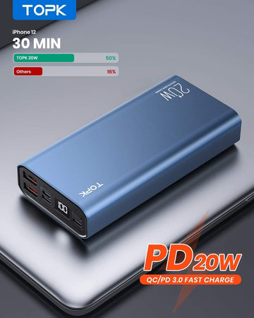 Power bank portatile TOPK 20000mAh Ricarica rapida USB C 3 uscite 3 ingressi