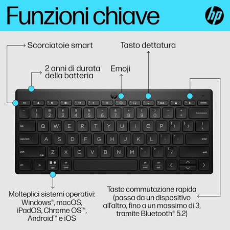 HP 350 Tastiera Wireless e Bluetooth 5.2, Connessione Multi-dispositivo, Qwerty
