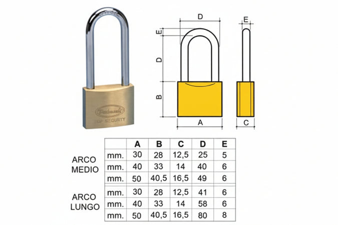 Lucchetto Ottone Arco Lungo 2700- - Mm.50 Arco Lungo (2790) - 6 Pezzi Potent