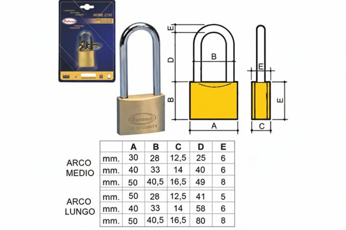 Lucchetto Ottone Arco Lungo 2700 In Blister- - Mm.30 Arco Medio (2770Sb) - 12 Pezzi Potent