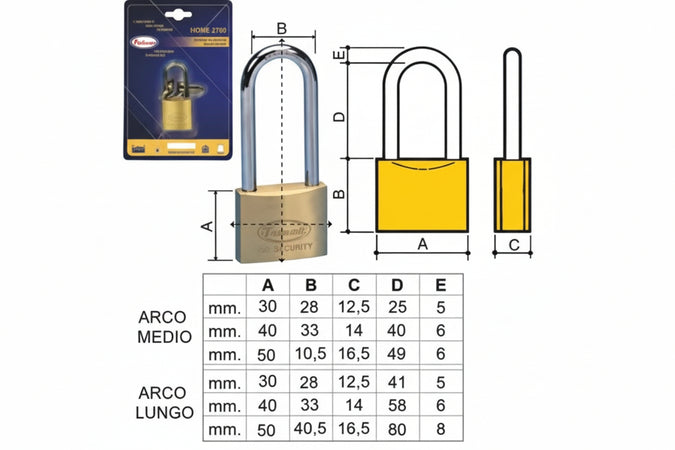 Lucchetto Ottone Arco Lungo 2700 In Blister- - Mm.40 Arco Medio (2780Sb) - 12 Pezzi Potent