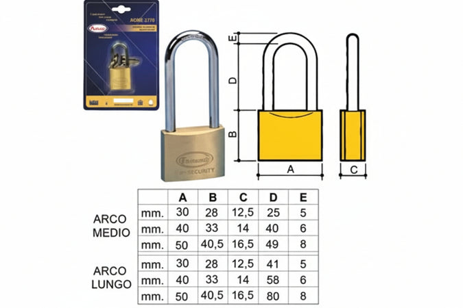 Lucchetto Ottone Arco Lungo 2700 In Blister- - Mm.40 Arco Lungo (2780B) - 12 Pezzi Potent