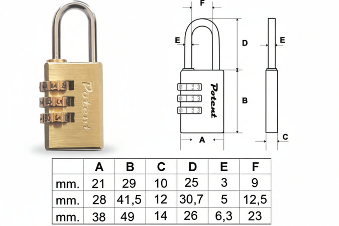 Lucchetto A Combinazione- - Mm.20 - 3 Combinatori (9020Co) - 2 Pezzi Potent