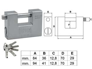 Lucchetto Rettangolare Monoblocco In Acciaio 300- - Mm.84 (300-84S) - 1 Pezzi Wally