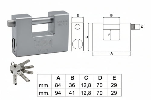 Lucchetto Rettangolare Monoblocco In Acciaio 300- - Mm.84 (300-84S) - 1 Pezzi Wally