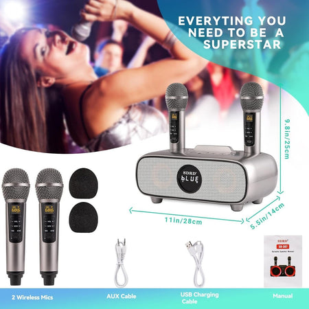 Altoparlante Bluetooth per karaoke, karaoke con 2 microfoni wireless UHF