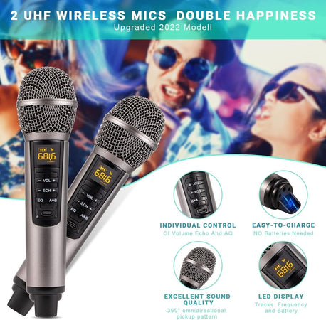 Altoparlante Bluetooth per karaoke, karaoke con 2 microfoni wireless UHF