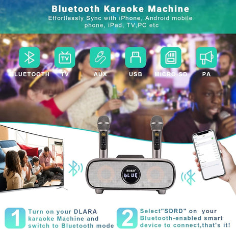 Altoparlante Bluetooth per karaoke, karaoke con 2 microfoni wireless UHF