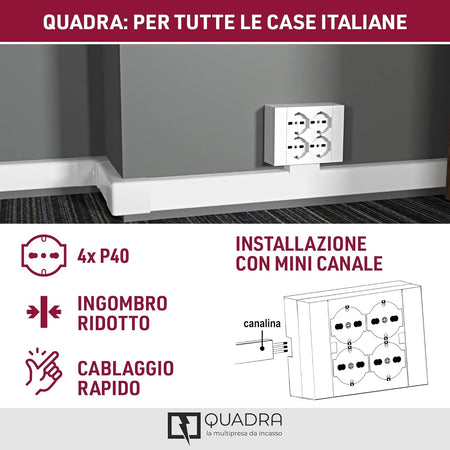 Multipresa Da Parete Esterna 4 Prese Schuko Bianca Con Scatola Di Supporto Per Installazioni Superficiali, Compatibile Con Tutte Le Scatole Da Incasso 3 Posti (Muratura O Cartongesso)