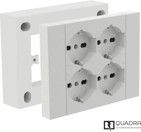 Multipresa Da Parete Esterna 4 Prese Schuko Bianca Con Scatola Di Supporto Per Installazioni Superficiali, Compatibile Con Tutte Le Scatole Da Incasso 3 Posti (Muratura O Cartongesso)