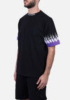 MEWA T-shirt nera con doppia fiamma viola e bianca da uomo