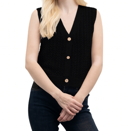 GOA GOA Goa Goa cardigan smanicato a trecce con micropaillettes modello Montini con scollo a V e bottoni nero da donna