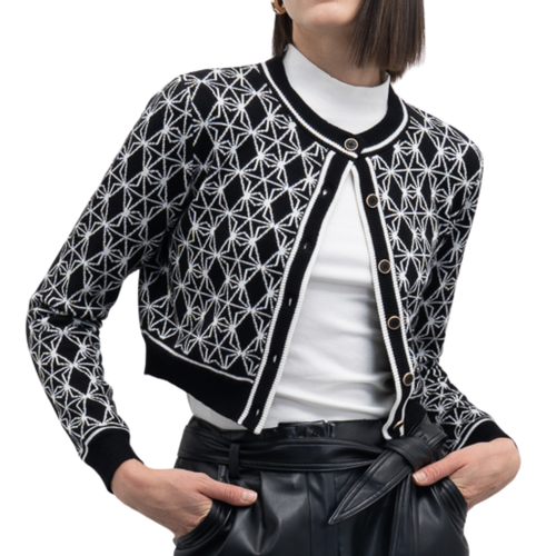 GOA GOA Goa Goa cardigan cropped jacquard motivo geometrico modello Chester con girocollo a contrasto e bottoni decorativi da donna