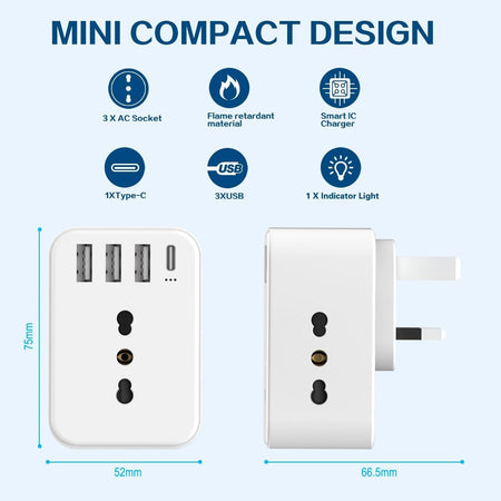 Adattatore Presa Inglese a Spina Italiana Adattatore con 3 Presa Schuko & 4 USB