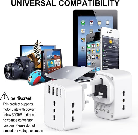 Adattatore Presa Inglese a Spina Italiana Adattatore con 3 Presa Schuko & 4 USB