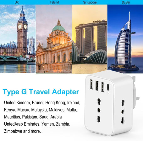 Adattatore Presa Inglese a Spina Italiana Adattatore con 3 Presa Schuko & 4 USB