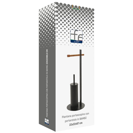 Piantana Portascopino Nera Con Portarotolo In Bamboo L22Xh67Xp22 Cm Feridras