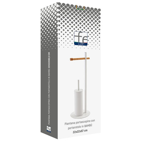 Piantana Portascopino Bianca Con Portarotolo In Bamboo L22Xh67Xp22 Cm Feridras