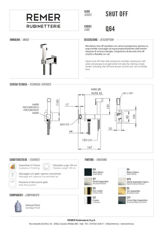 Set Miscelatore Con Doccetta Shut-Off Quadro- Nichel Spazzolato- Remer- Pezzi 1