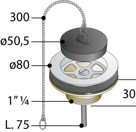 Piletta Gattinara In Ottone Cromato Per Lavello Tappo In Gomma E Catena Senza Troppo Pieno Tea