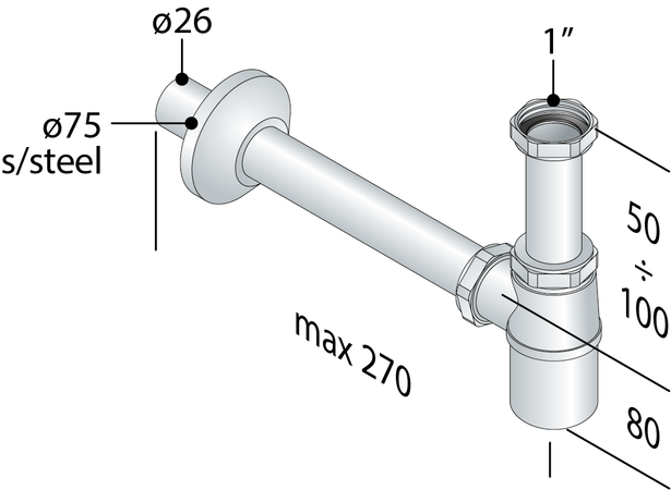 Sifone A Bottiglia In Ottone Cromato Senza Piletta Per Lavabo 1”×Ø26 Tea