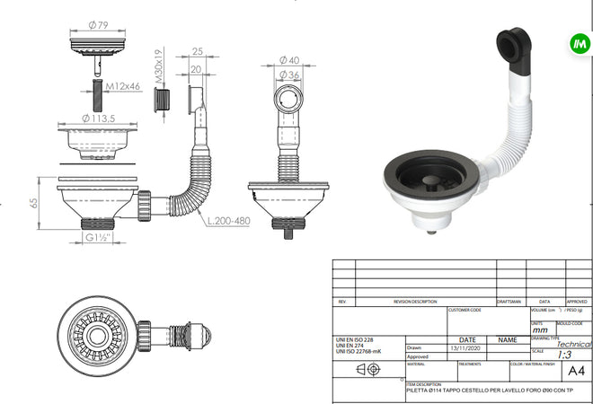 Piletta 114 Mm Per Lavello Con Foro 90 Mm Color- Nero- Dh- Pezzi 1