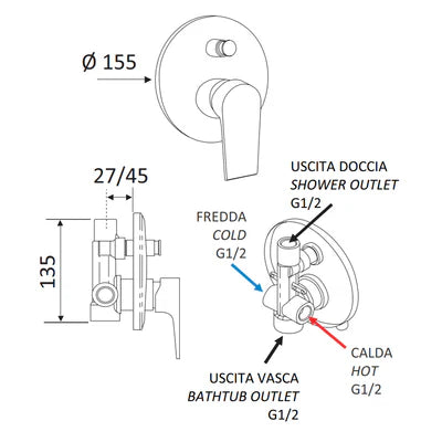 Monocomando Incasso Doccia Con Deviatore Linea Artic- Nero Opaco- Maria- Pezzi 1