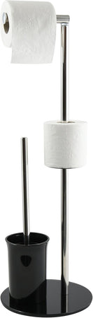 Piantana Colonna Acciaio Inox Porta Scopino Base Vetro Ovale- Acciaio Inox Vetro Nero- Spire- Pezzi 1