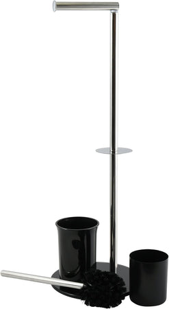 Piantana Colonna Acciaio Inox Porta Scopino Base Vetro Ovale- Acciaio Inox Vetro Nero- Spire- Pezzi 1
