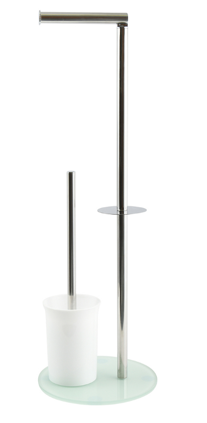 Piantana Colonna Acciaio Inox Porta Scopino Base Vetro Ovale- Acciaio Inox Vetro Bianco- Spire- Pezzi 1