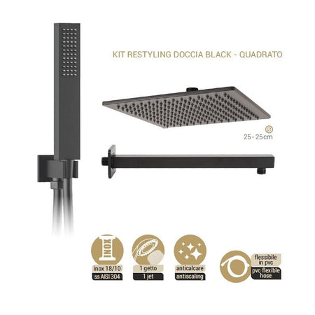Kit Soffione Doccia Quadrato Seven- Nero Opaco Matt- Metaf- Pezzi 1
