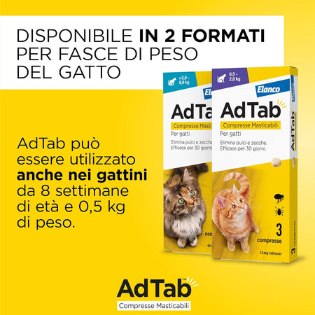 Compresse Antiparassitarie Masticabili Adtab Per Gatti Da 2 A 8 Kg 3 Compresse Da 48 Mg Protezione Mensile Contro Pulci E Zecche Elanco
