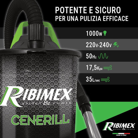 Aspiracenere Elettrico Cenerill 1000W Con Filtro Hepa Lavabile Bidone In Acciaio 18 Litri E Tubo Metallico Ribimex