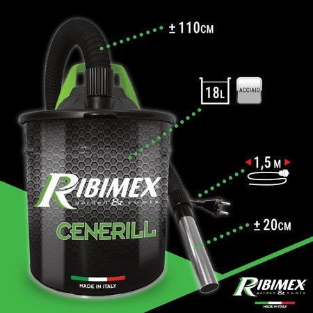 Aspiracenere Elettrico Cenerill 1000W Con Filtro Hepa Lavabile Bidone In Acciaio 18 Litri E Tubo Metallico Ribimex