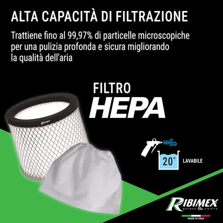 Aspiracenere Elettrico Cenerill 1000W Con Filtro Hepa Lavabile Bidone In Acciaio 18 Litri E Tubo Metallico Ribimex