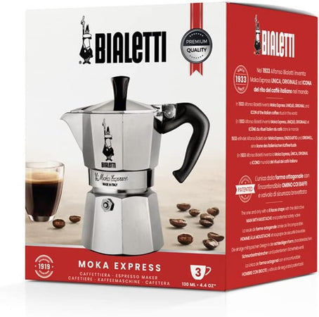 Caffettiera Moka Express Restyling 3 Tazze In Alluminio Con Manico Ergonomico E Valvola Di Sicurezza Made In Italy Bialetti
