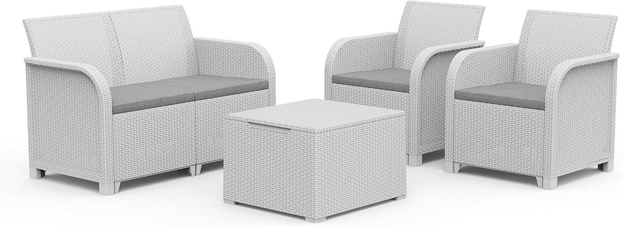 Salottino Da Esterno Rosalie In Resina Effetto Rattan Colore Bianco Con Divano, 2 Poltrone E Tavolino Completo Di Cuscini Keter Allibert