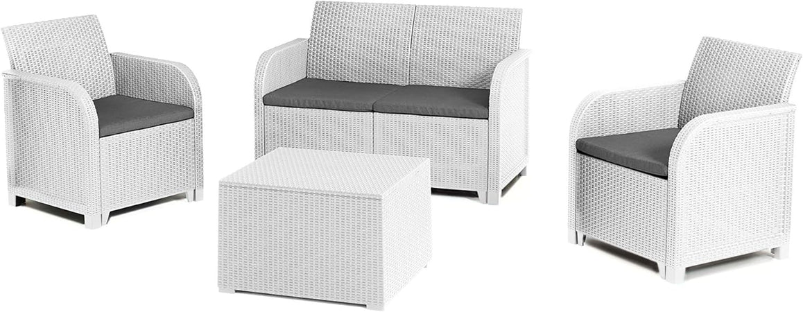 Salottino Da Esterno Rosalie In Resina Effetto Rattan Colore Bianco Con Divano, 2 Poltrone E Tavolino Completo Di Cuscini Keter Allibert