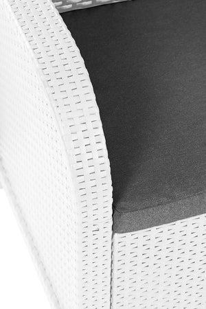 Salottino Da Esterno Rosalie In Resina Effetto Rattan Colore Bianco Con Divano, 2 Poltrone E Tavolino Completo Di Cuscini Keter Allibert